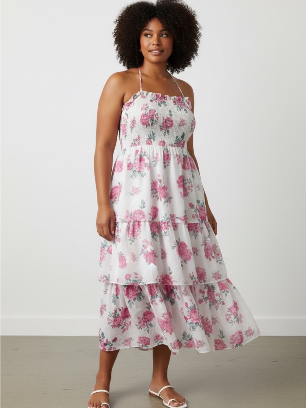 0086. LoveShackFancy White Maxi Dress with Pink Floral Print